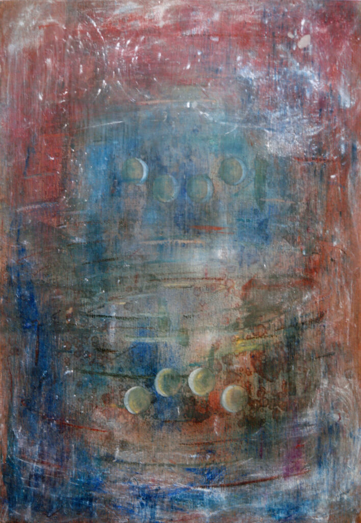Painting entitled Lunatique 1, 1992, oil on wood, 16" high x 12" wide