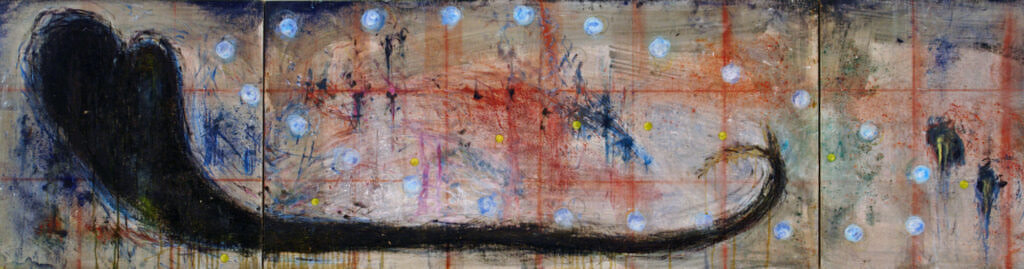 Painting entitled Lunatique Triptych, 1995, oil on wood, 24" high x 96" wide