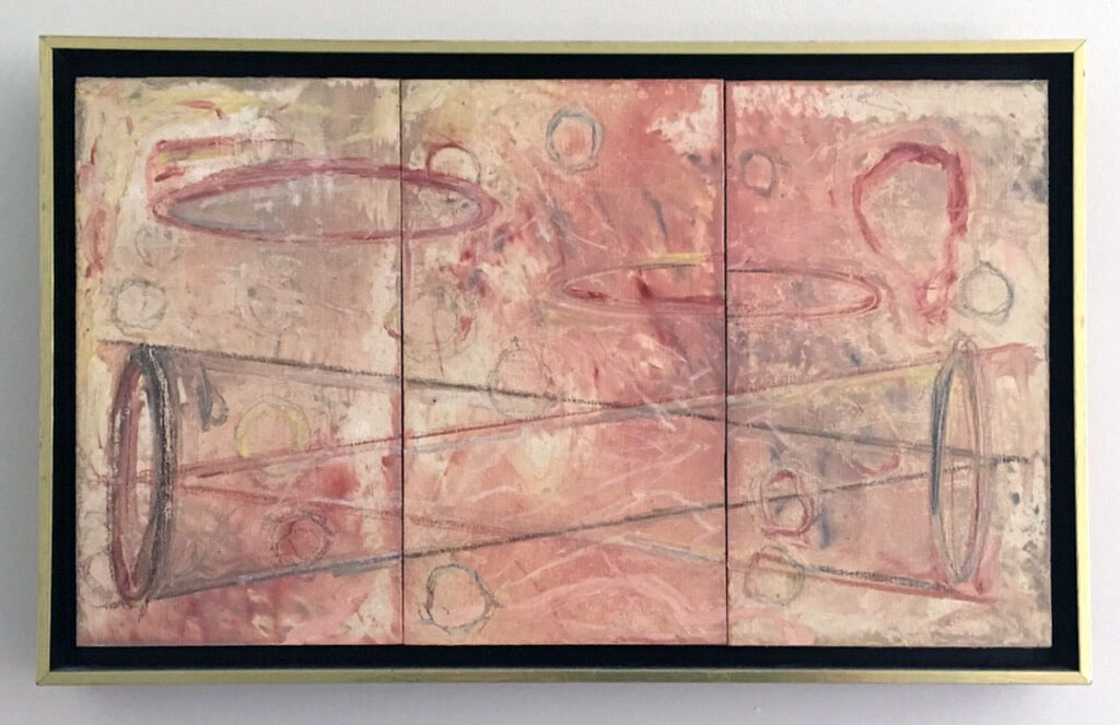 Painting (triptych_ entitled Hue, 1996, oil on wood, 9" high x 15" wide