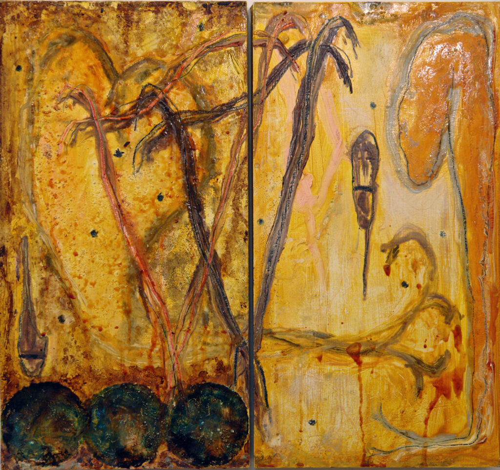 Painting (diptych) entitled Wolford Diptych, 1997, oil on wood, 17" high x 18" wide