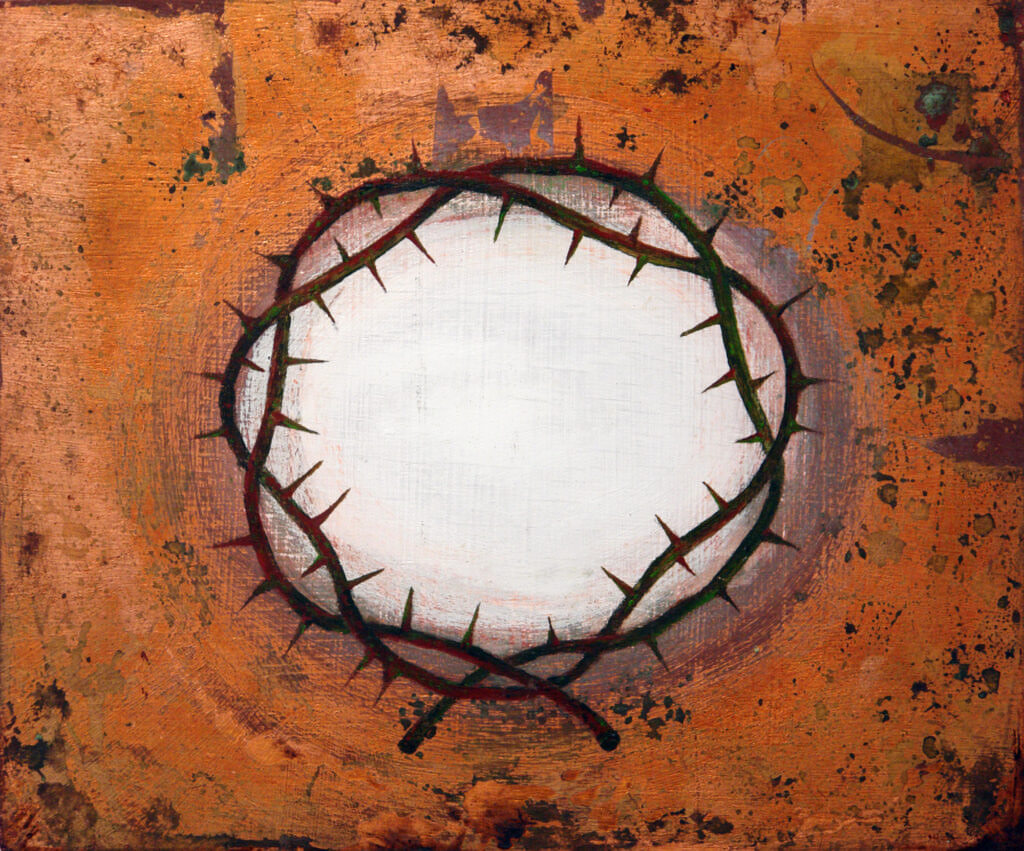 Painting entitled Beato's Corona di Spine, 1999, oil and copper on wood, 12" high x 14" wide