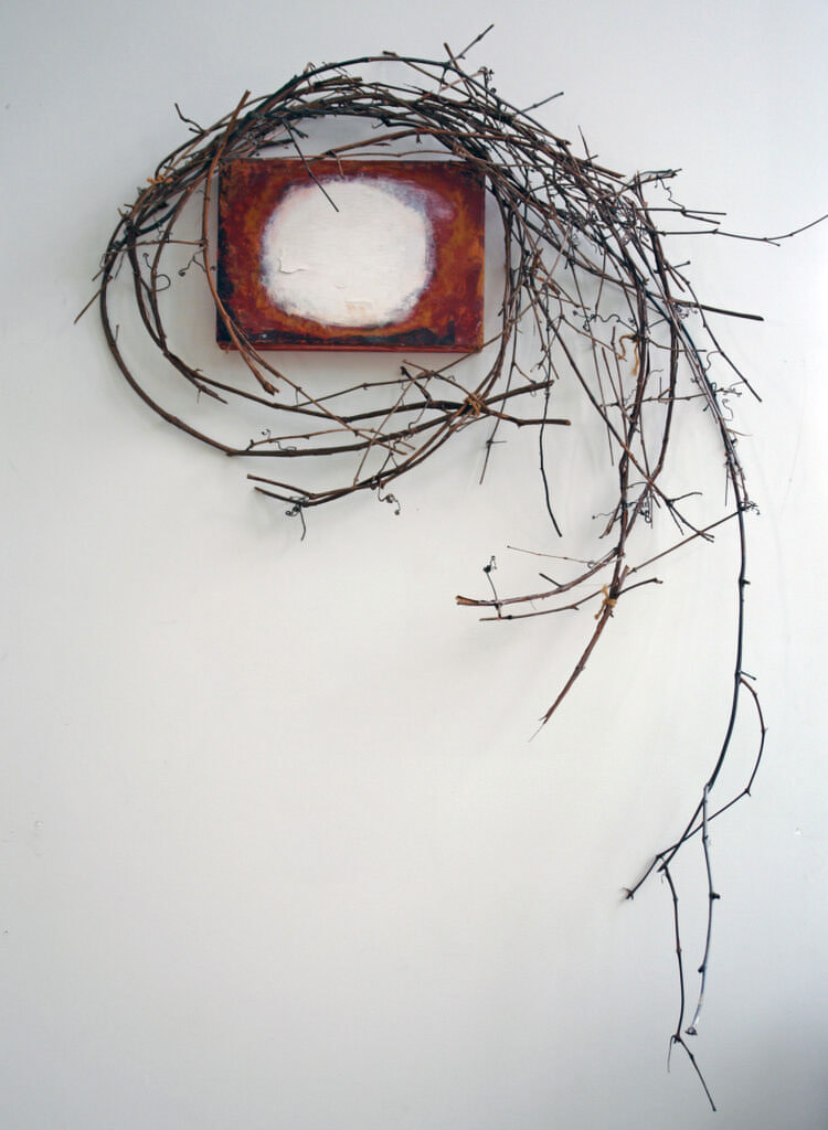 Painting and branches, entitled Martyr's Corona di Spine, 2005, mixed media, 70" high x 40" wide