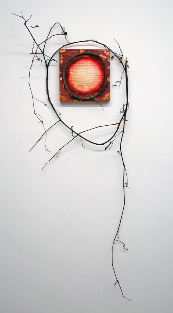 Painting and branches, Mistero Corona di Spine, 2005, mixed media, 42" high x 24" wide