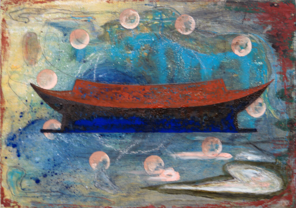 Painting entitled Sanjusandgendo, 2010, oil on wood, 12" high x 17" wide