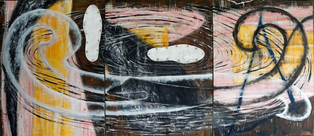 Triptych painting entitled Rabbit Hole, 2021, oil and encaustic on linen, 84" high x 192" wide
